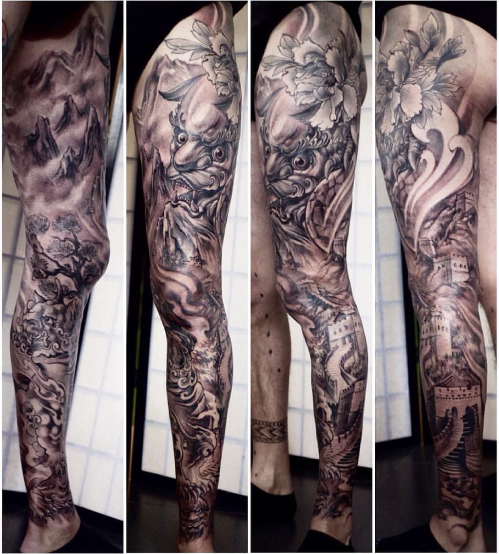 shanghai tattoo zhuo dan tings tattoo workfull leg sleeve 1